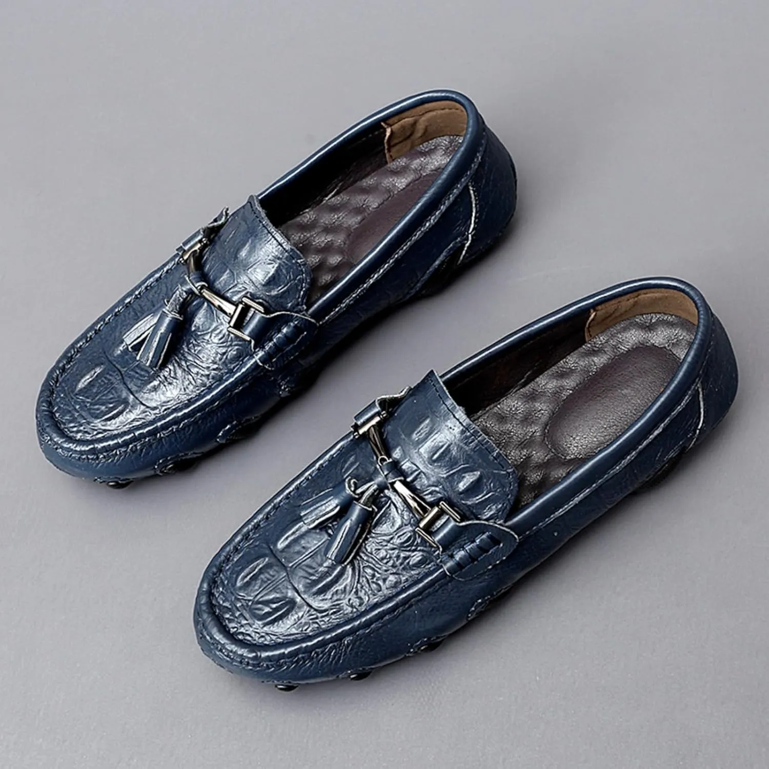 Mens Genuine Cowhide Leather Loafers Slip Ons, One - Step - on Shoes, Casual Driving and Business Suitable Flat Walking Moccasin Boat Shoes, Fashionable Wedding Slipper