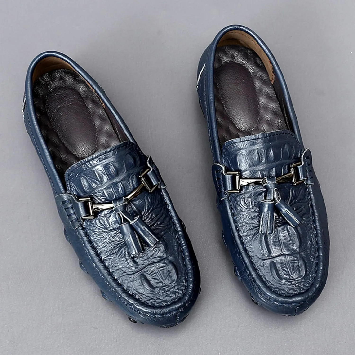 Mens Genuine Cowhide Leather Loafers Slip Ons, One - Step - on Shoes, Casual Driving and Business Suitable Flat Walking Moccasin Boat Shoes, Fashionable Wedding Slipper