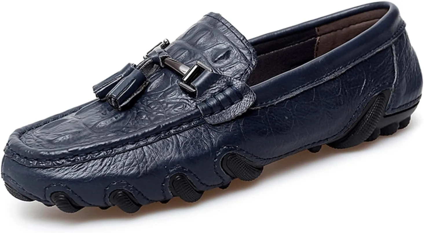 Mens Genuine Cowhide Leather Loafers Slip Ons, One - Step - on Shoes, Casual Driving and Business Suitable Flat Walking Moccasin Boat Shoes, Fashionable Wedding Slipper