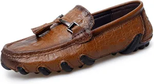 Mens Genuine Cowhide Loafers Slip - Ons, Casual Driving Flat Walking Octopus - Styled Moccasin, Business Boat Shoes, Tassel Slipper, for Wedding