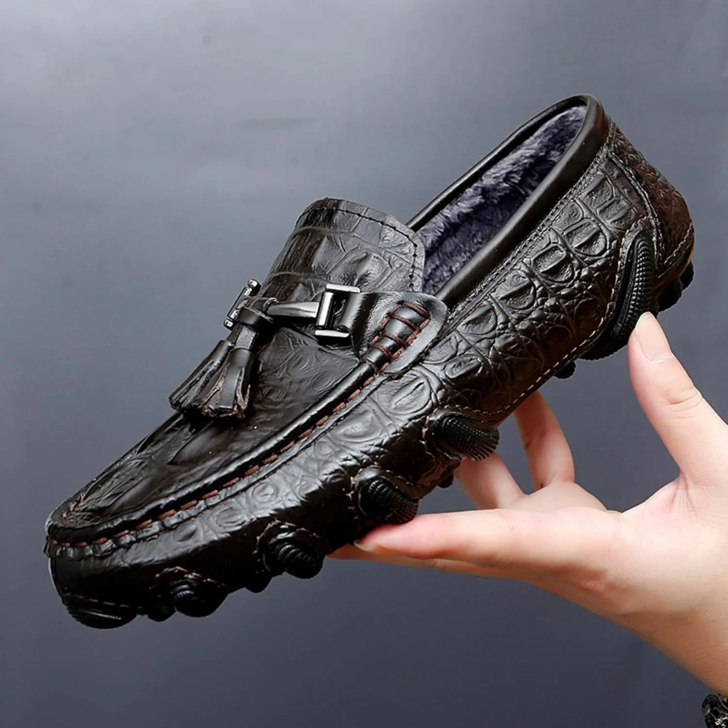Mens Genuine Cowhide Loafers Slip - Ons, Casual Driving Flat Walking Octopus - Styled Moccasin, Business Boat Shoes, Tassel Slipper, for Wedding