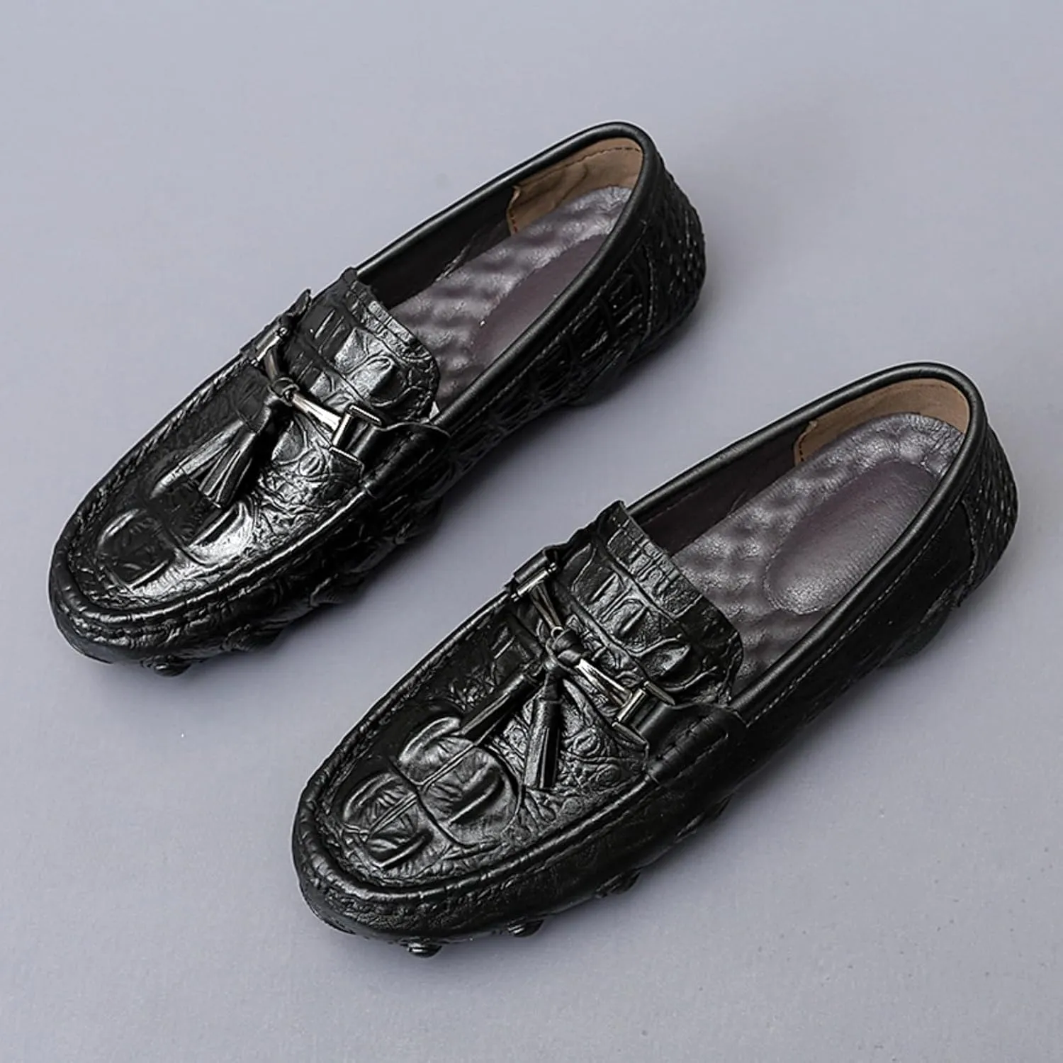 Mens Genuine Cowhide Loafers Slip - Ons, Casual Driving Flat Walking Octopus - Styled Moccasin, Business Boat Shoes, Tassel Slipper, for Wedding