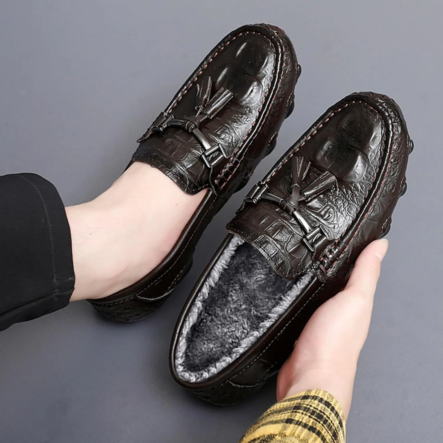 Mens Genuine Cowhide Loafers Slip - Ons, Casual Driving Flat Walking Octopus - Styled Moccasin, Business Boat Shoes, Tassel Slipper, for Wedding
