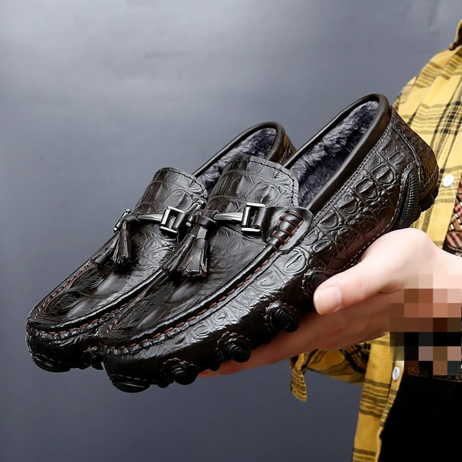 Mens Genuine Cowhide Loafers Slip - Ons, Casual Driving Flat Walking Octopus - Styled Moccasin, Business Boat Shoes, Tassel Slipper, for Wedding