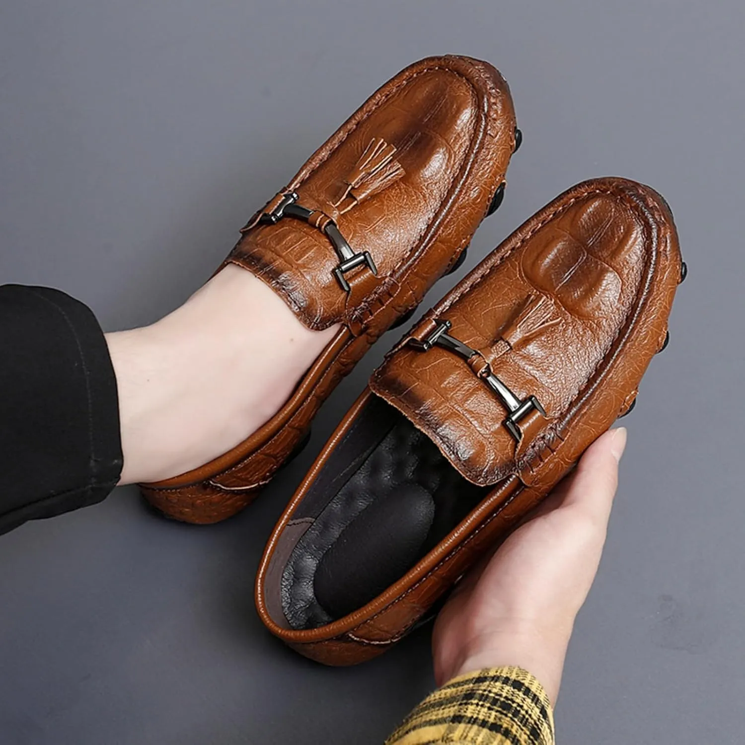 Mens Genuine Cowhide Loafers Slip - Ons, Casual Driving Flat Walking Octopus - Styled Moccasin, Business Boat Shoes, Tassel Slipper, for Wedding