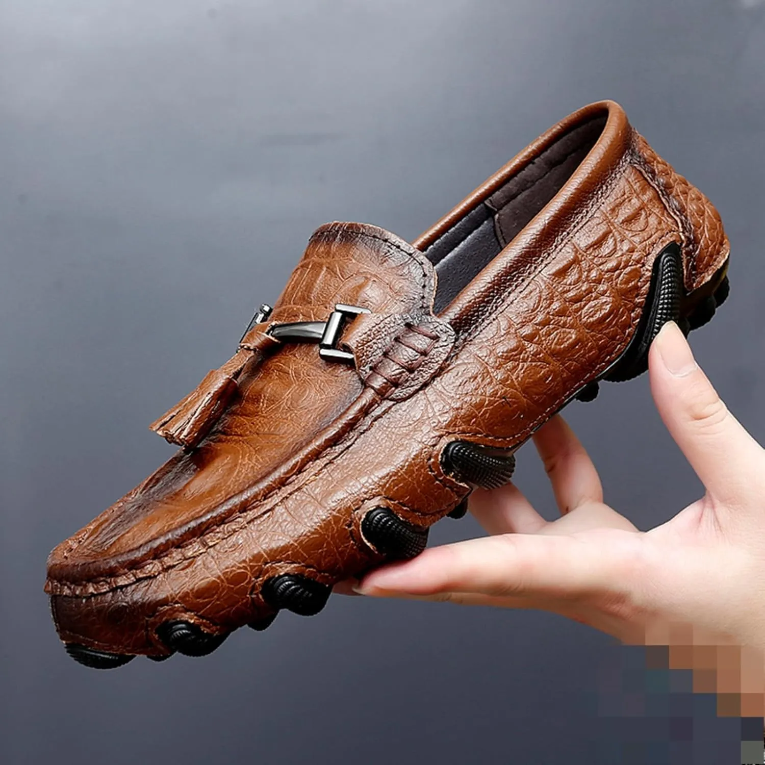 Mens Genuine Cowhide Loafers Slip - Ons, Casual Driving Flat Walking Octopus - Styled Moccasin, Business Boat Shoes, Tassel Slipper, for Wedding