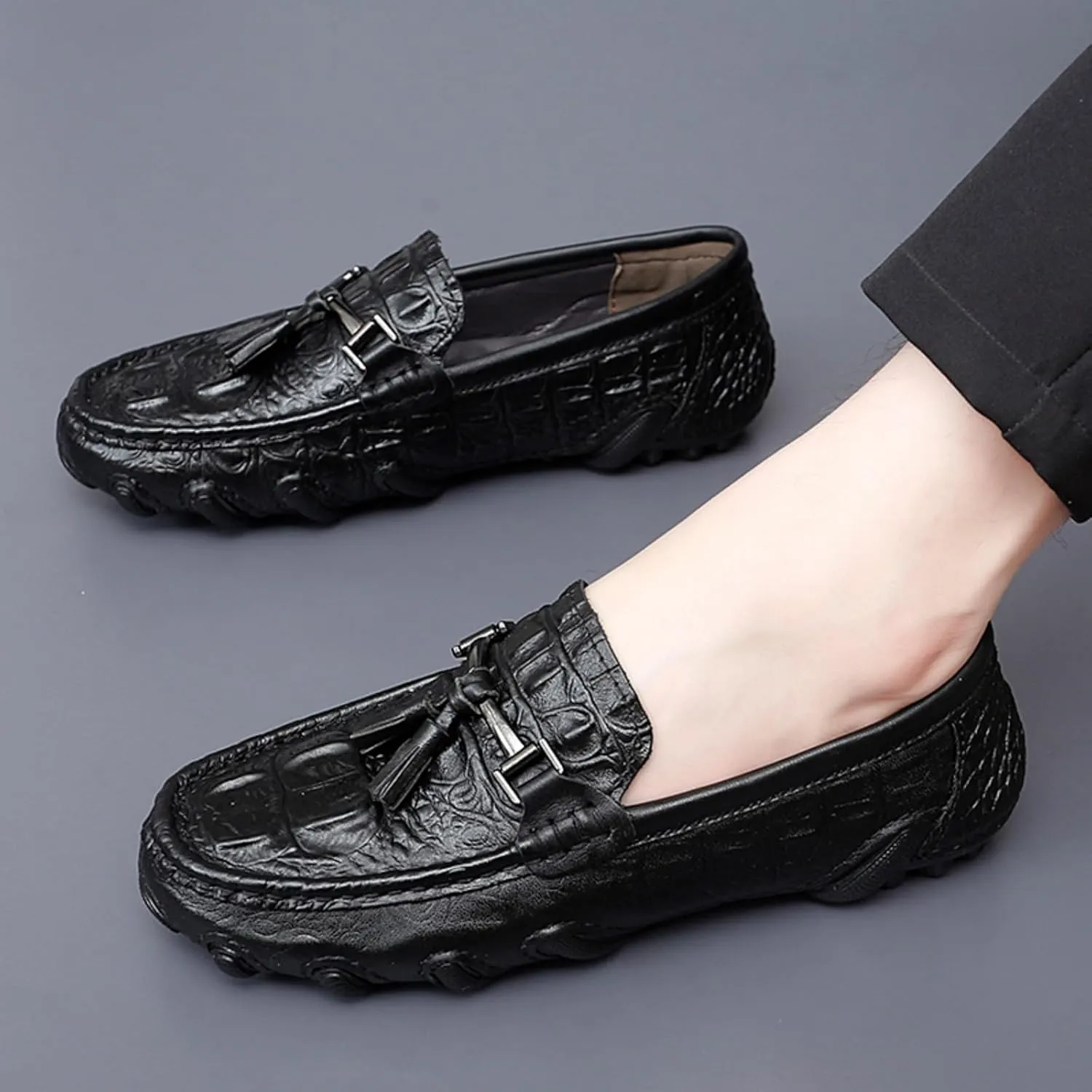Mens Genuine Cowhide Loafers Slip - Ons, Casual Driving Flat Walking Octopus - Styled Moccasin, Business Boat Shoes, Tassel Slipper, for Wedding