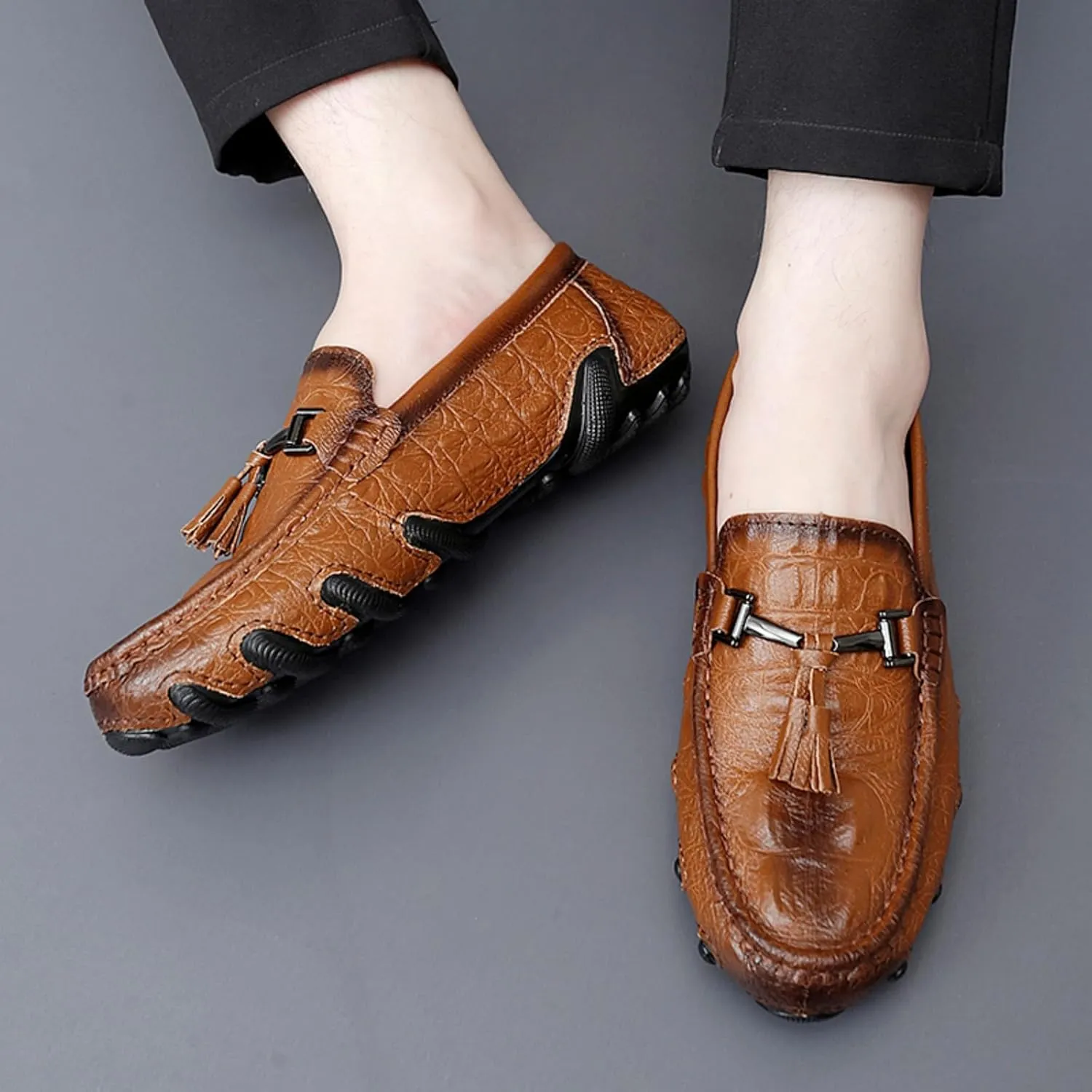 Mens Genuine Cowhide Loafers Slip - Ons, Casual Driving Flat Walking Octopus - Styled Moccasin, Business Boat Shoes, Tassel Slipper, for Wedding