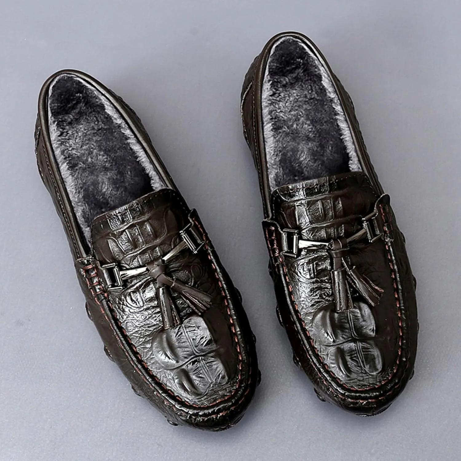 Mens Genuine Cowhide Loafers Slip - Ons, Casual Driving Flat Walking Octopus - Styled Moccasin, Business Boat Shoes, Tassel Slipper, for Wedding