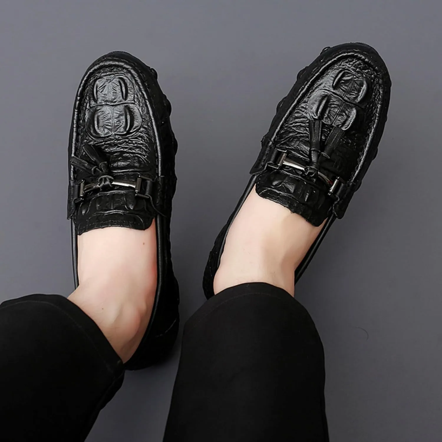 Mens Genuine Cowhide Loafers Slip - Ons, Casual Driving Flat Walking Octopus - Styled Moccasin, Business Boat Shoes, Tassel Slipper, for Wedding
