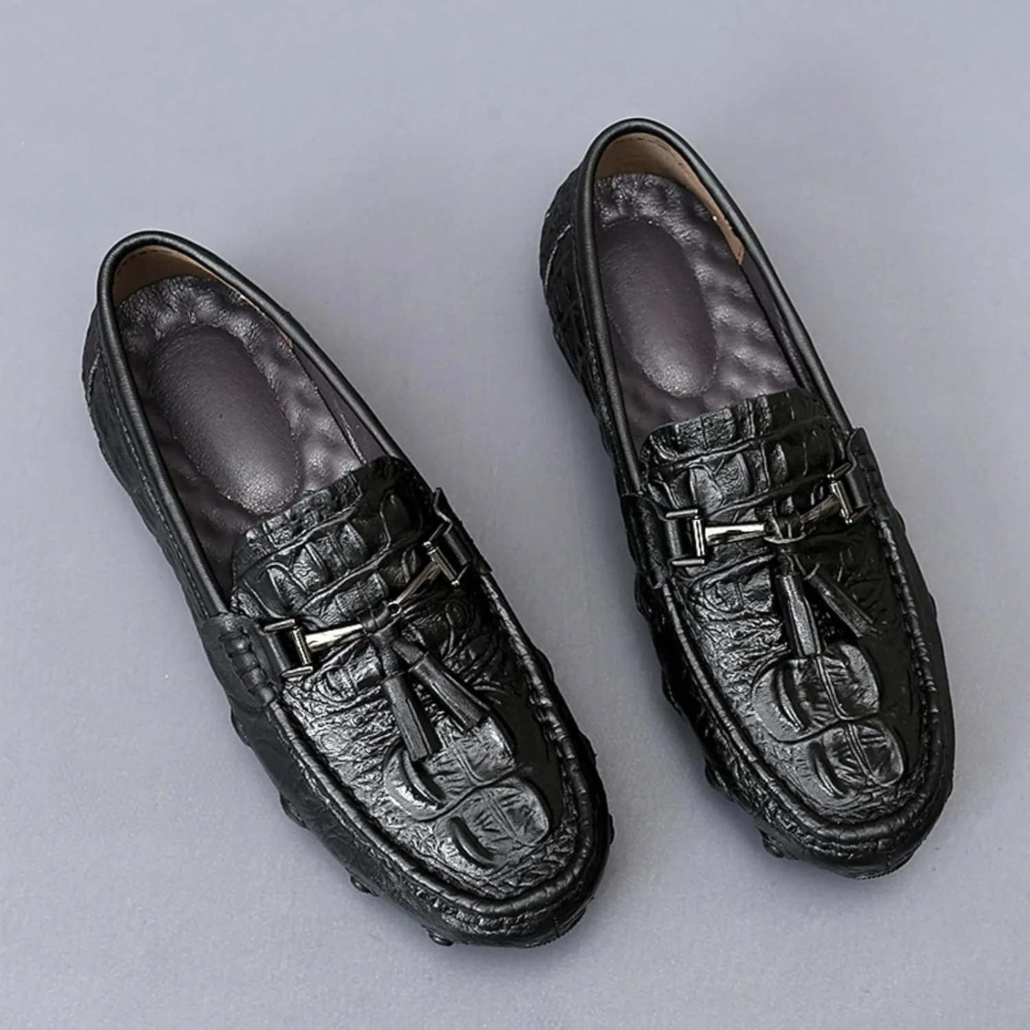 Mens Genuine Cowhide Loafers Slip - Ons, Casual Driving Flat Walking Octopus - Styled Moccasin, Business Boat Shoes, Tassel Slipper, for Wedding