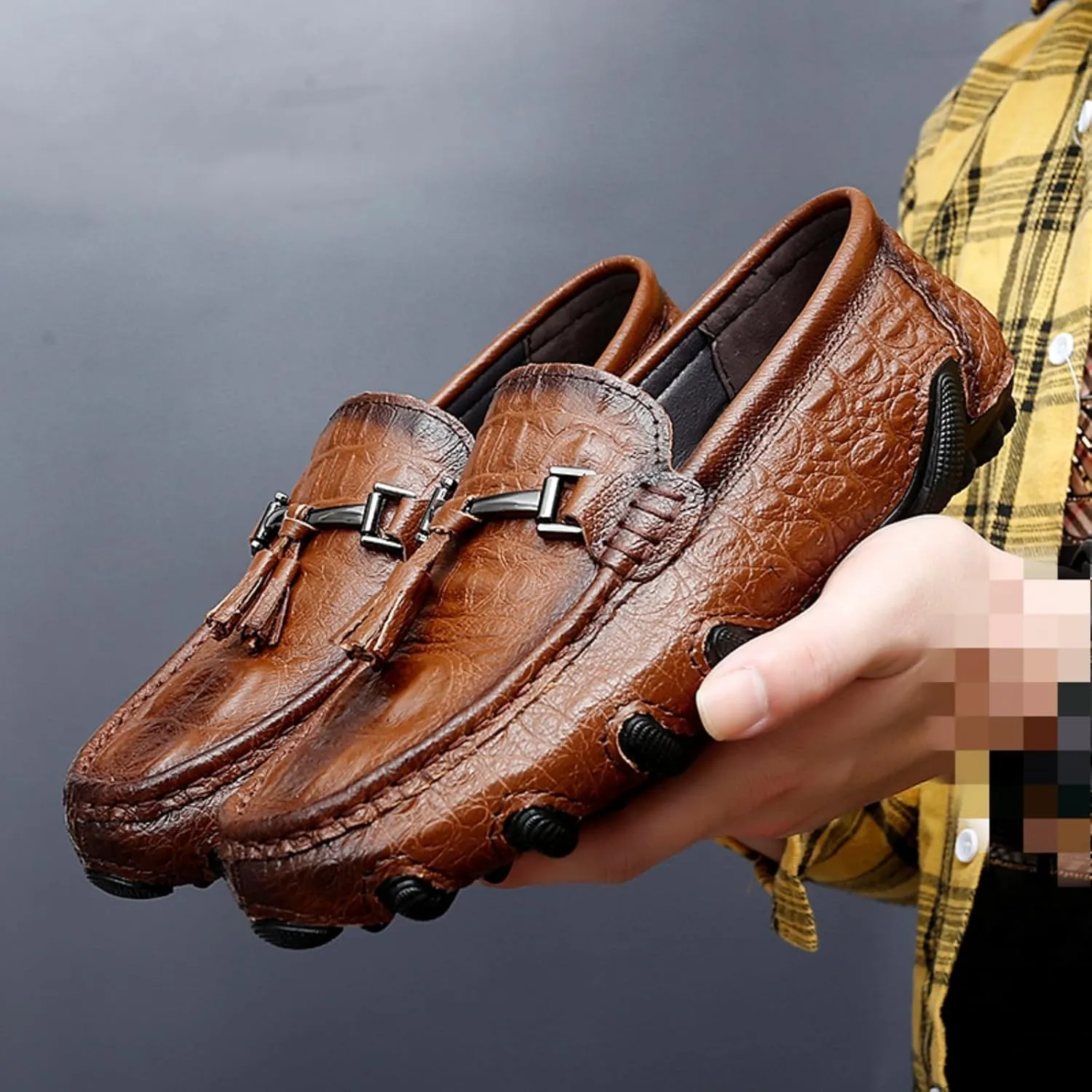 Mens Genuine Cowhide Loafers Slip - Ons, Casual Driving Flat Walking Octopus - Styled Moccasin, Business Boat Shoes, Tassel Slipper, for Wedding
