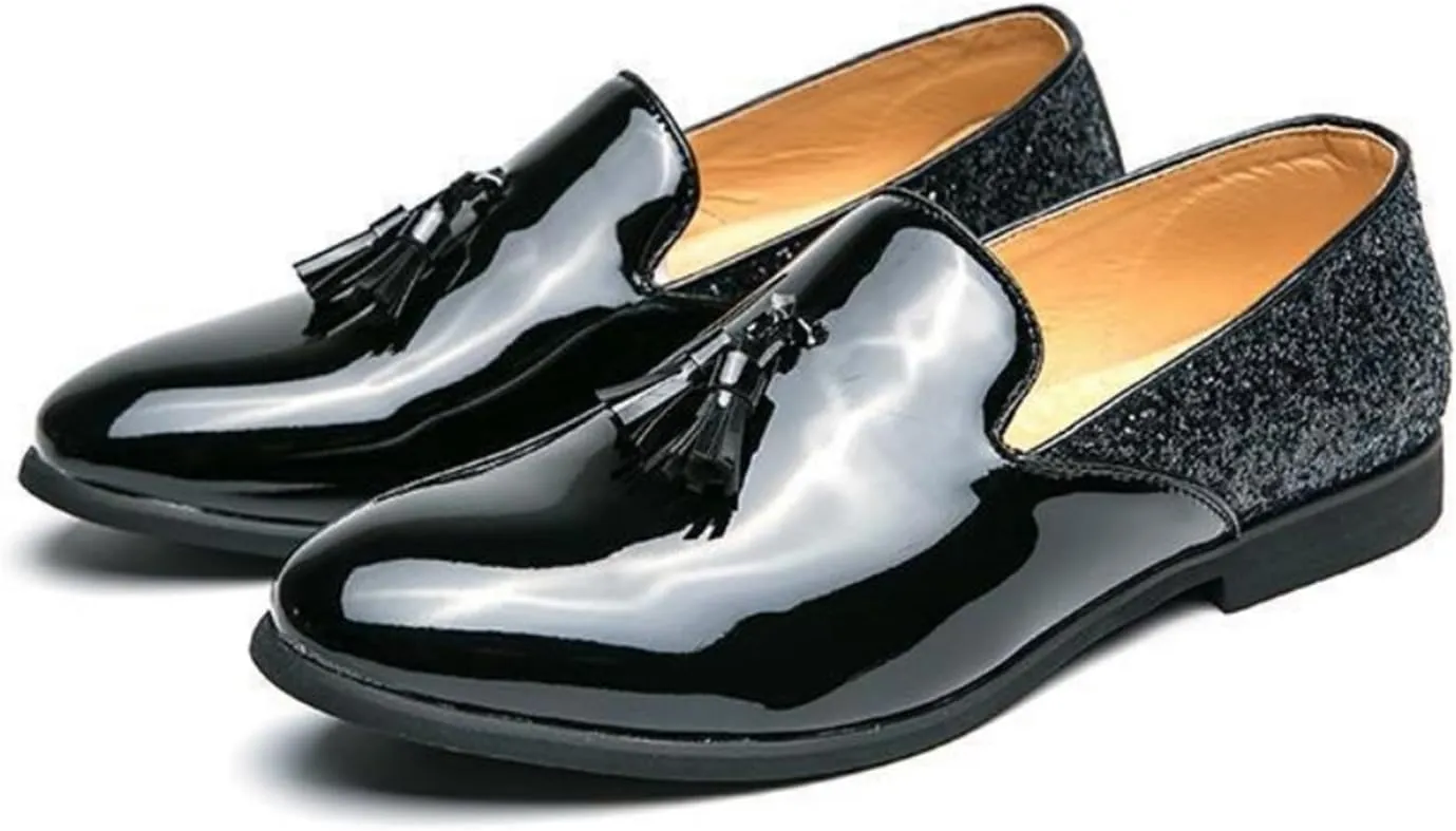 Mens Glitter Loafers Penny Tassel Slip On Loafers Patent Leather Casual Chunky Heel Dress Sparkly Shoes for Party Wedding Prom