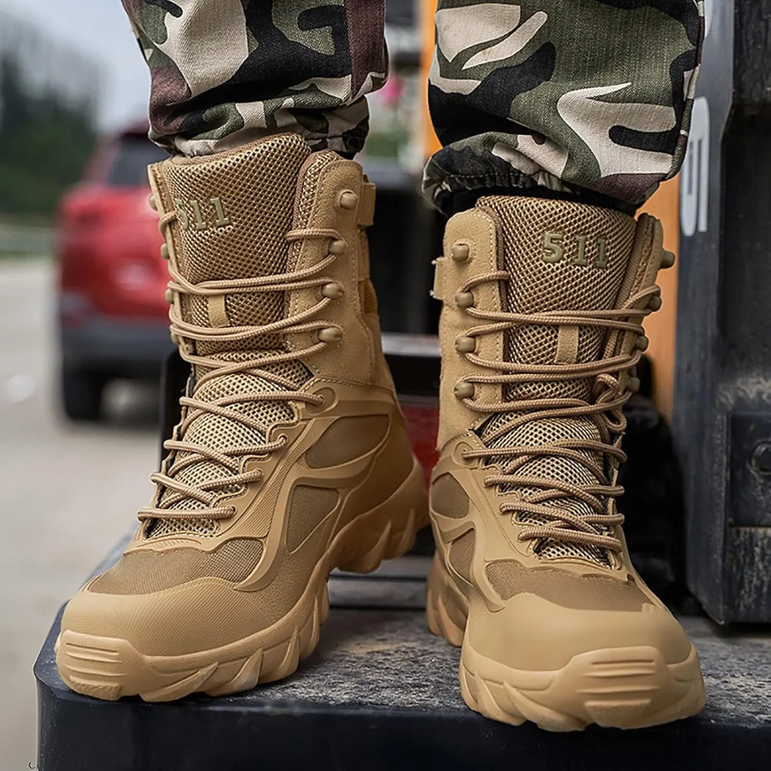 Men's High-top Desert Tactical Boots, Comfort Breathable Durable Rubber Sole Military Work and Hiking Shoes, for Outdoor Comfort Lace Up Zipper Men's Shoes