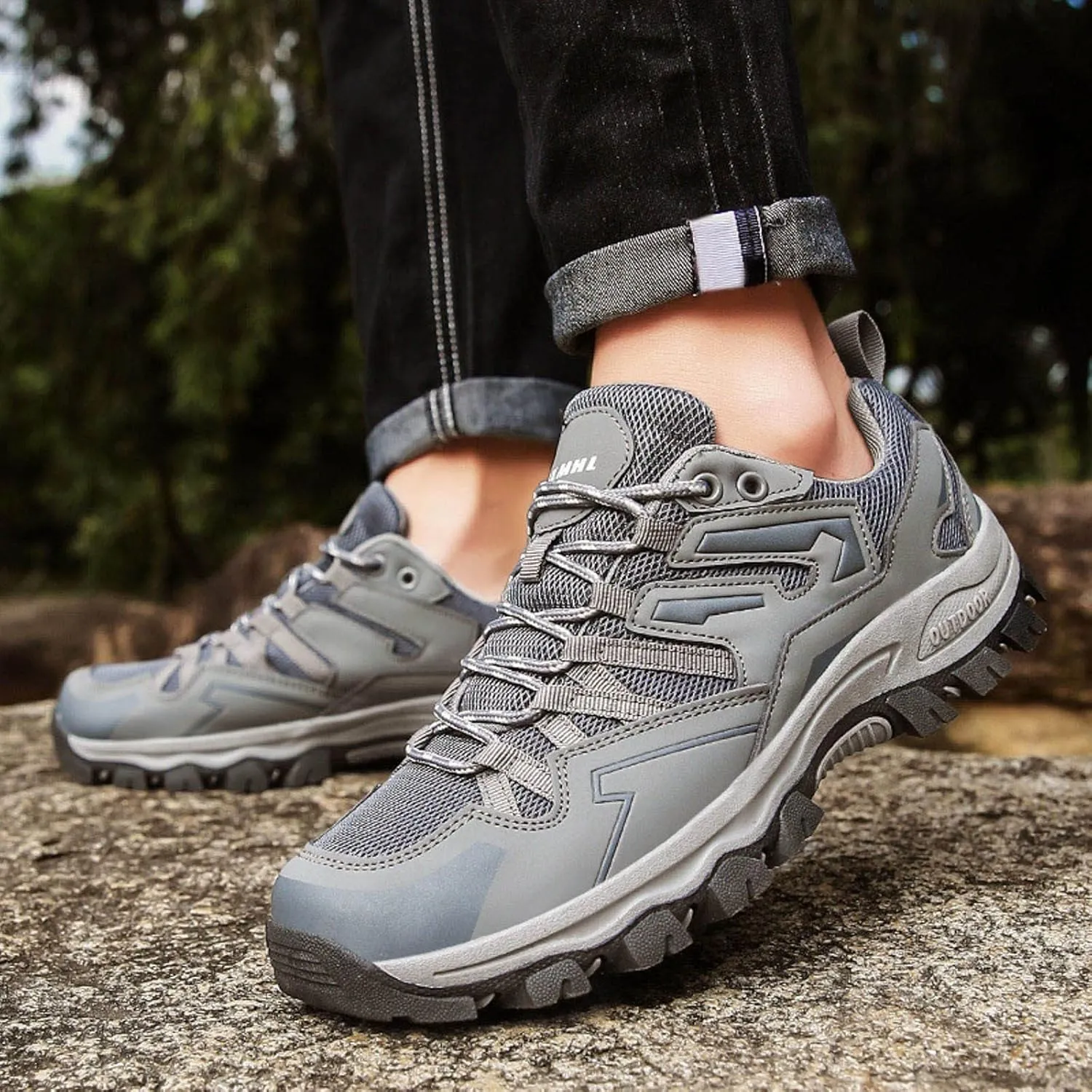 Mens Hiking Boots Outdoor Ankle Booties Leather Walking Lace Up Lightweight Trekking Shoes Breathable Work Walking Trekking