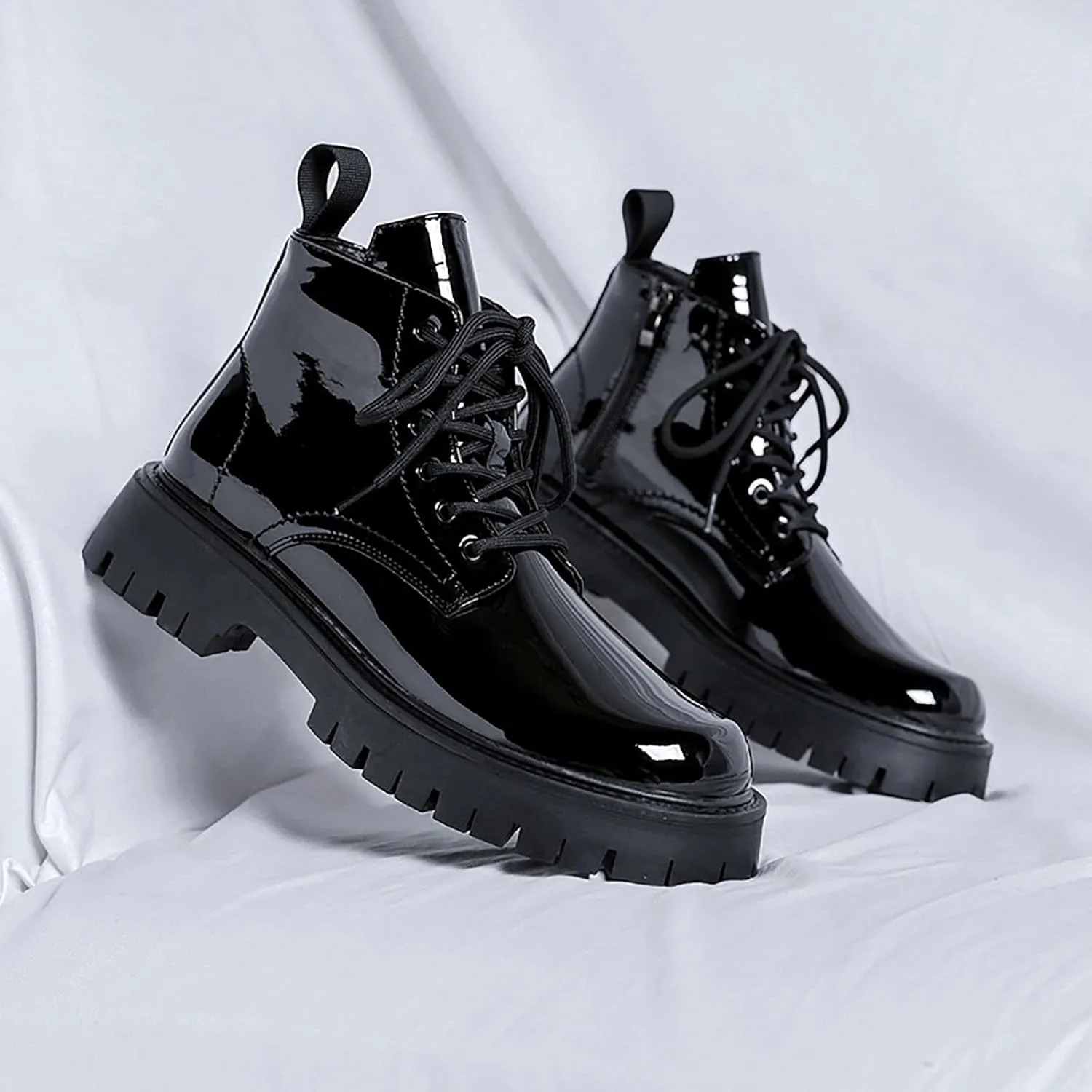 Men's Lace-Up Platform Lugs Sole Ankle Boots,Fashion Patent Leather Side Zip High Top Boots Comfort Outdoor Anti-Slip Four Seasons Booties