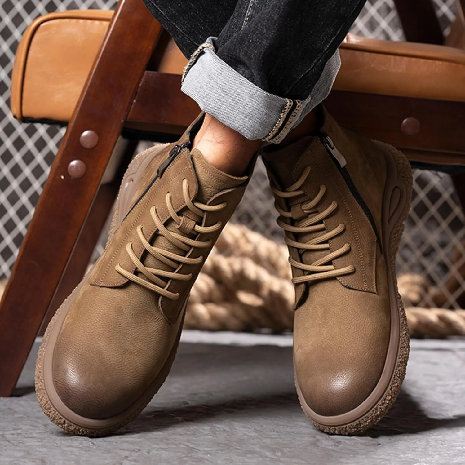 Men's Motorcycle Boots with Lace Up, Soft Genuine Leather Ankle Boots with Round Toe, Comfortable Durable Chelsea Chukka Boots, Casual Dress Work Breathable Flats Shoes with Zipper