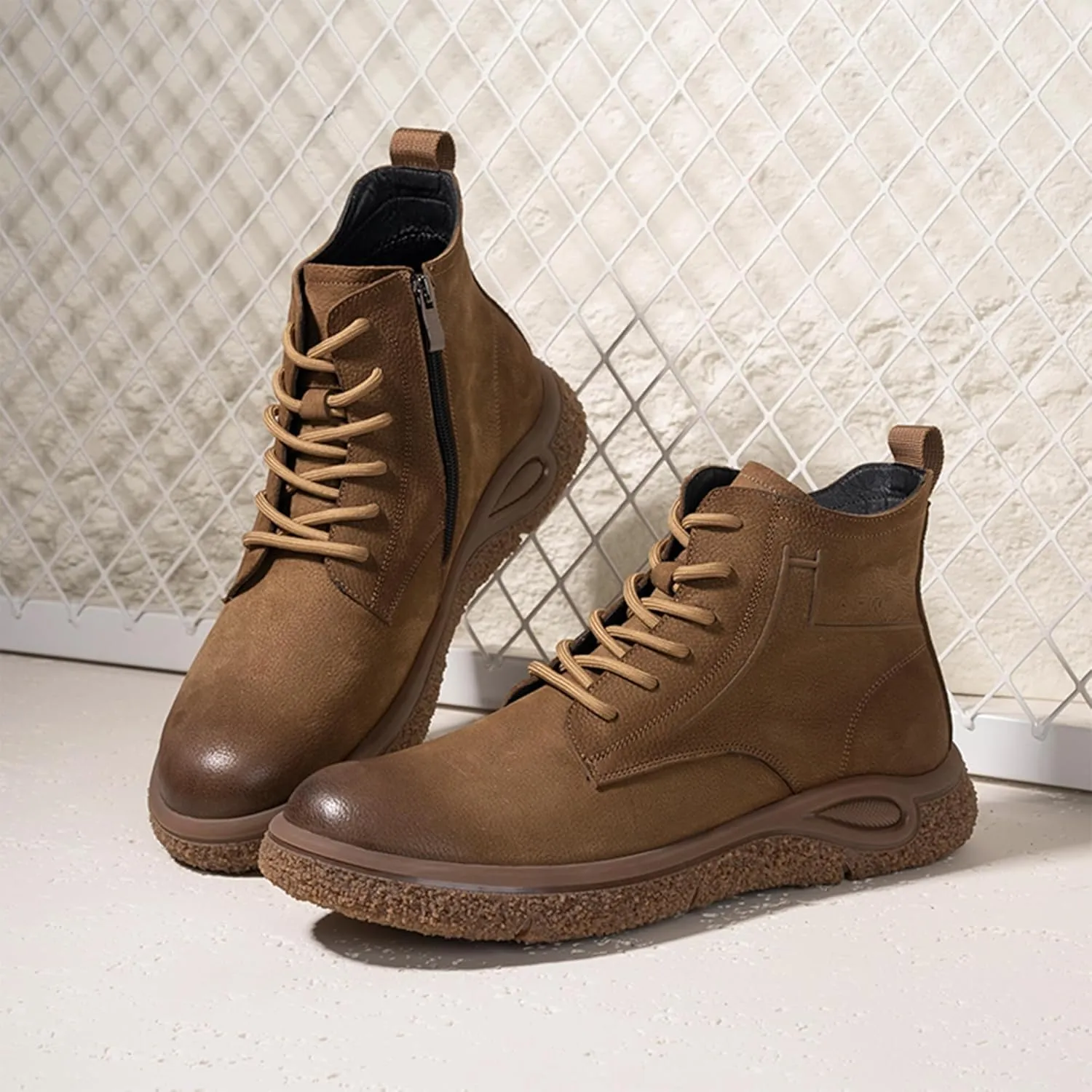 Men's Motorcycle Boots with Lace Up, Soft Genuine Leather Ankle Boots with Round Toe, Comfortable Durable Chelsea Chukka Boots, Casual Dress Work Breathable Flats Shoes with Zipper
