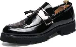 Men's Patent Leather Platform Slip-On Casual Loafers Shoes Fashion Round Toe Tassel Non-Slip Lug Sole Dress Shoes for Party Dating Prom