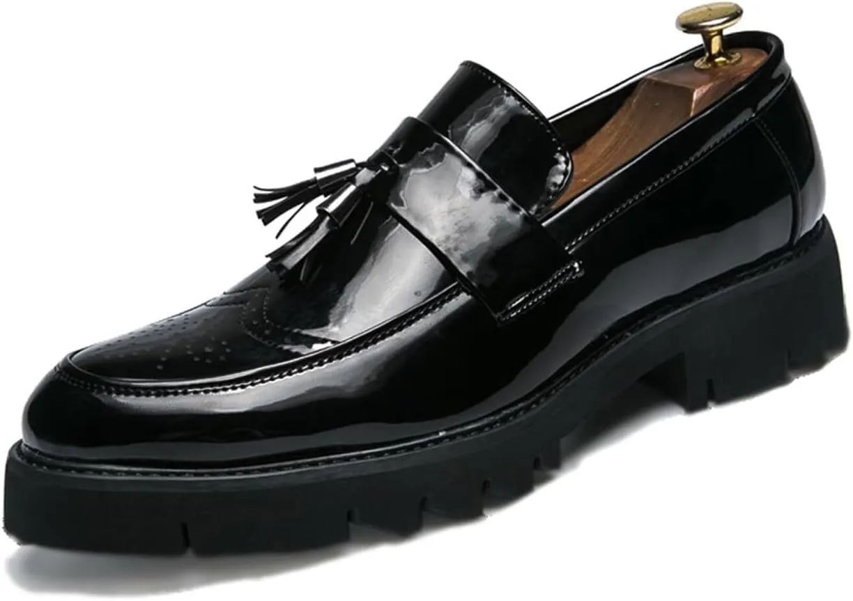 Men's Patent Leather Platform Slip-On Casual Loafers Shoes Fashion Round Toe Tassel Non-Slip Lug Sole Dress Shoes for Party Dating Prom
