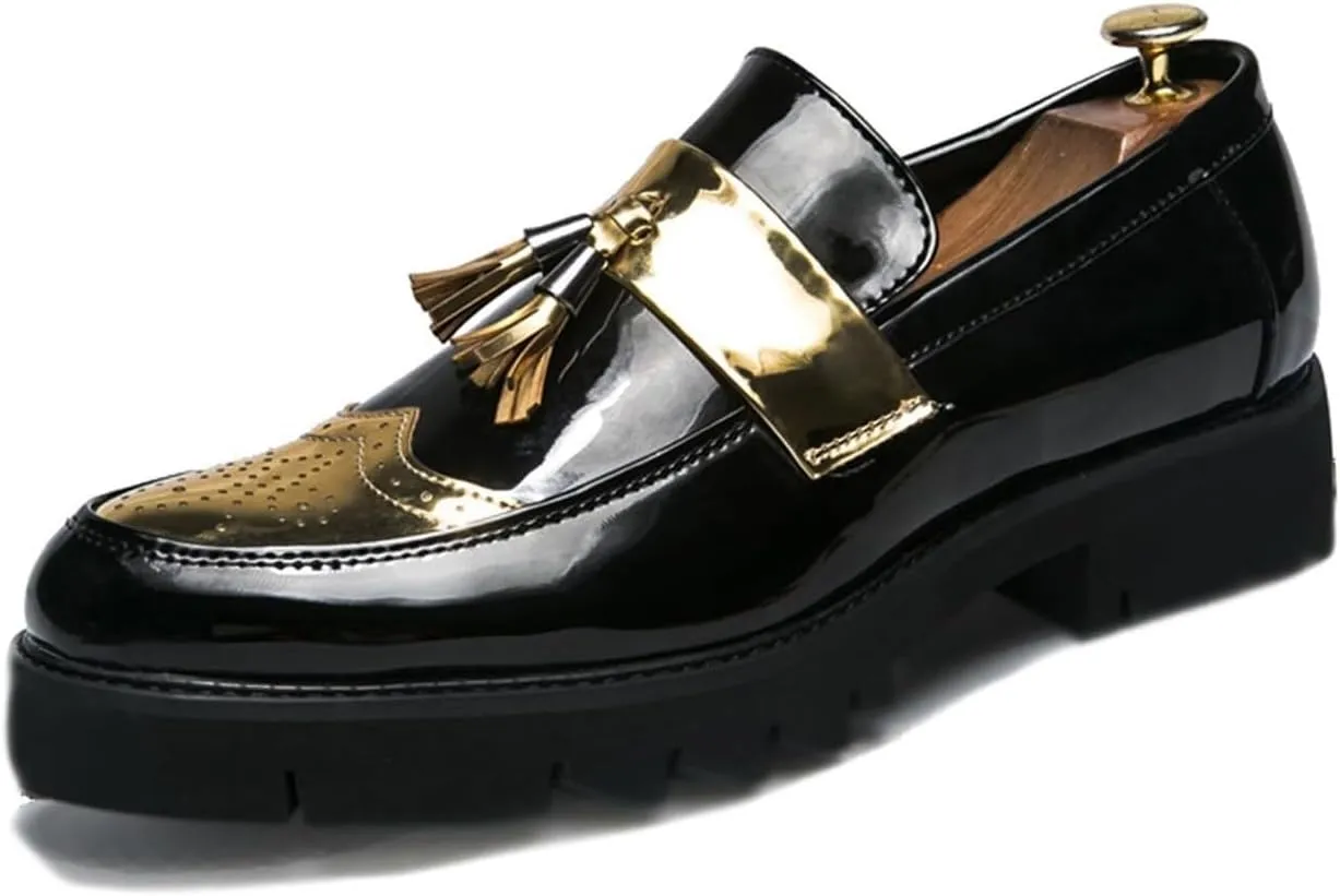 Men's Patent Leather Platform Slip-On Casual Loafers Shoes Fashion Round Toe Tassel Non-Slip Lug Sole Dress Shoes for Party Dating Prom