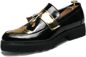 Men's Patent Leather Platform Slip-On Casual Loafers Shoes Fashion Round Toe Tassel Non-Slip Lug Sole Dress Shoes for Party Dating Prom