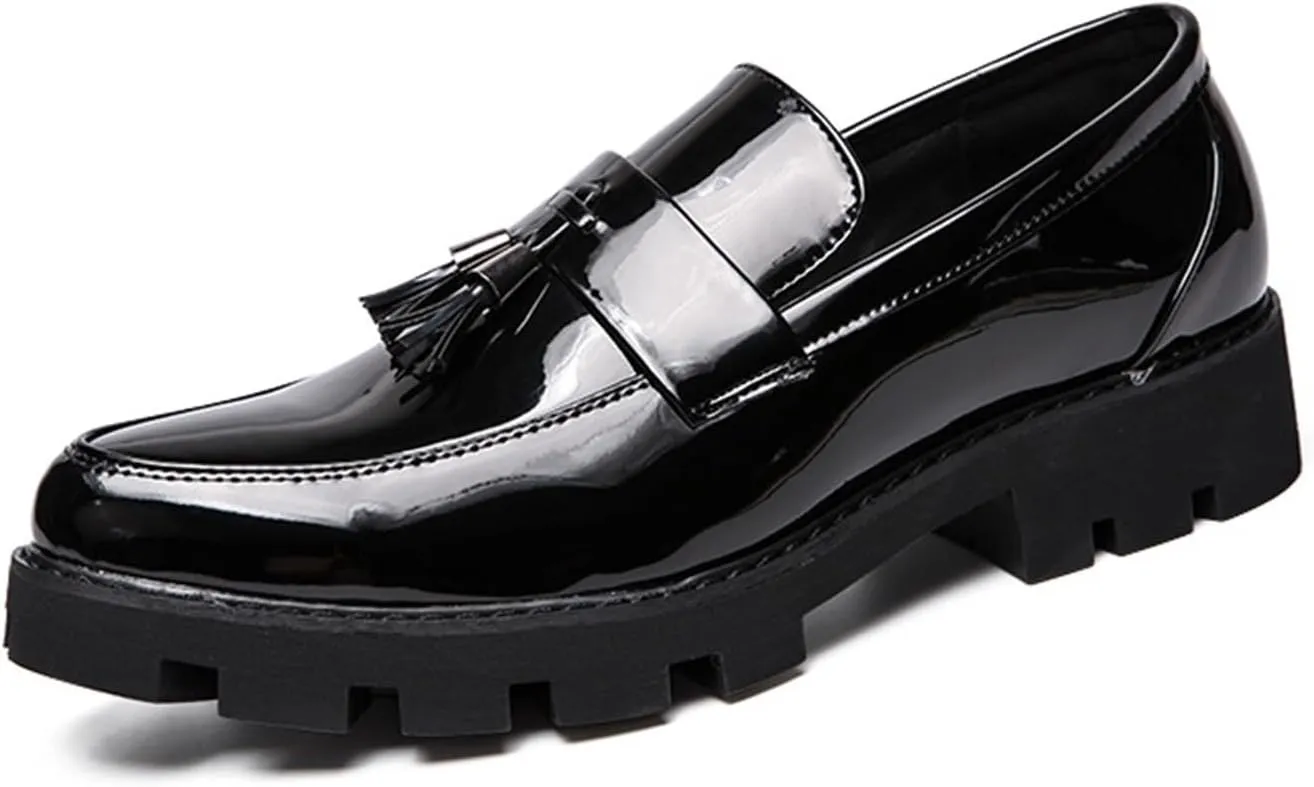 Men's Patent Leather Tassel Loafers Slip-On Formal Business Dress Shoes Lug Sole Fashion Pointed Toe Walking Casual Shoes for Prom Dating Wedding