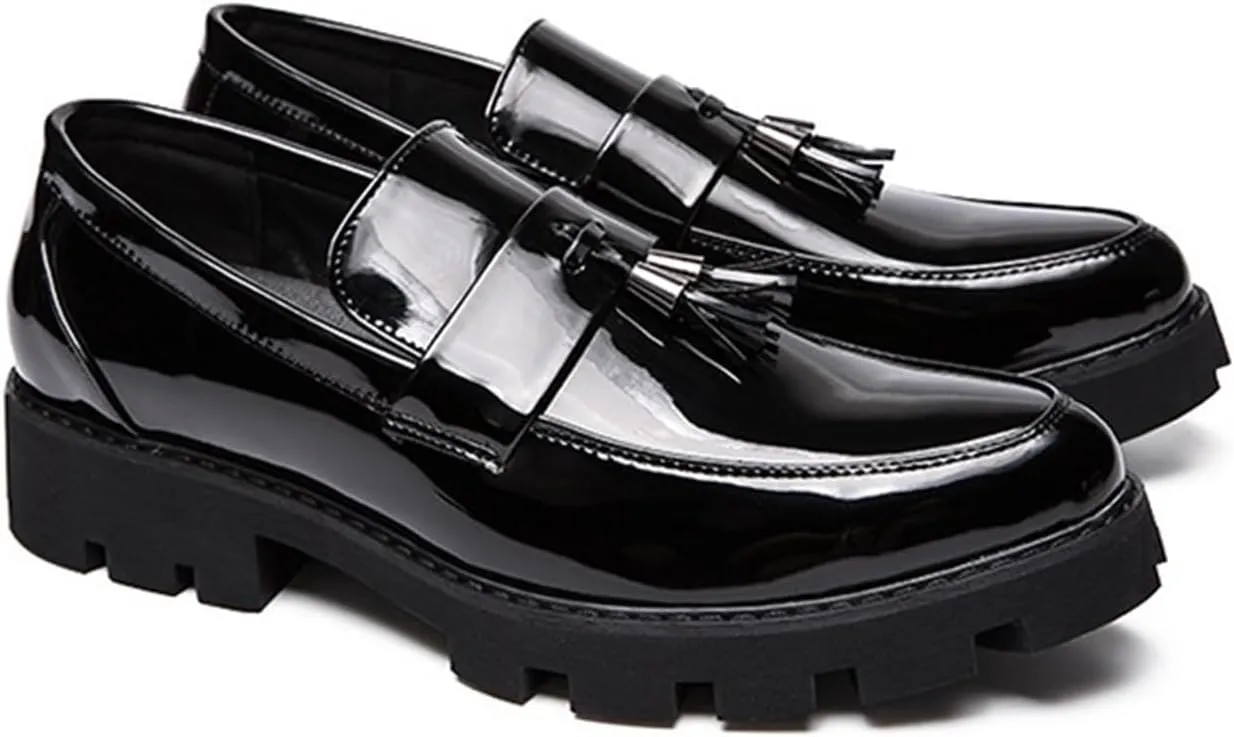 Men's Patent Leather Tassel Loafers Slip-On Formal Business Dress Shoes Lug Sole Fashion Pointed Toe Walking Casual Shoes for Prom Dating Wedding