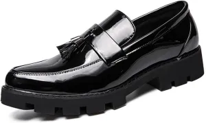 Men's Patent Leather Tassel Loafers Slip-On Formal Business Dress Shoes Lug Sole Fashion Pointed Toe Walking Casual Shoes for Prom Dating Wedding