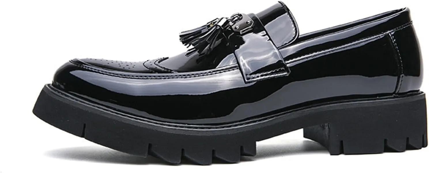 Men's Patent Leather Tassel Loafers Slip-On Wingtip Pattern Formal Business Dress Shoes Outdoor Thick Sole Fashion Pointed Toe Walking Casual Shoes for Men