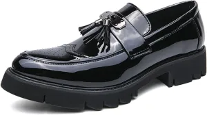 Men's Patent Leather Tassel Loafers Slip-On Wingtip Pattern Formal Business Dress Shoes Outdoor Thick Sole Fashion Pointed Toe Walking Casual Shoes for Men
