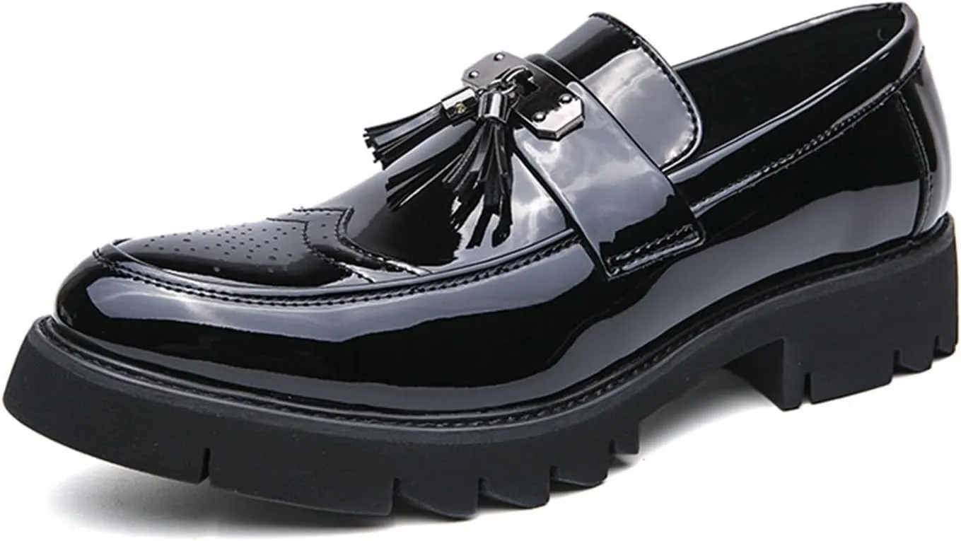 Men's Patent Leather Tassel Loafers Slip-On Wingtip Pattern Formal Business Dress Shoes Outdoor Thick Sole Fashion Pointed Toe Walking Casual Shoes for Men