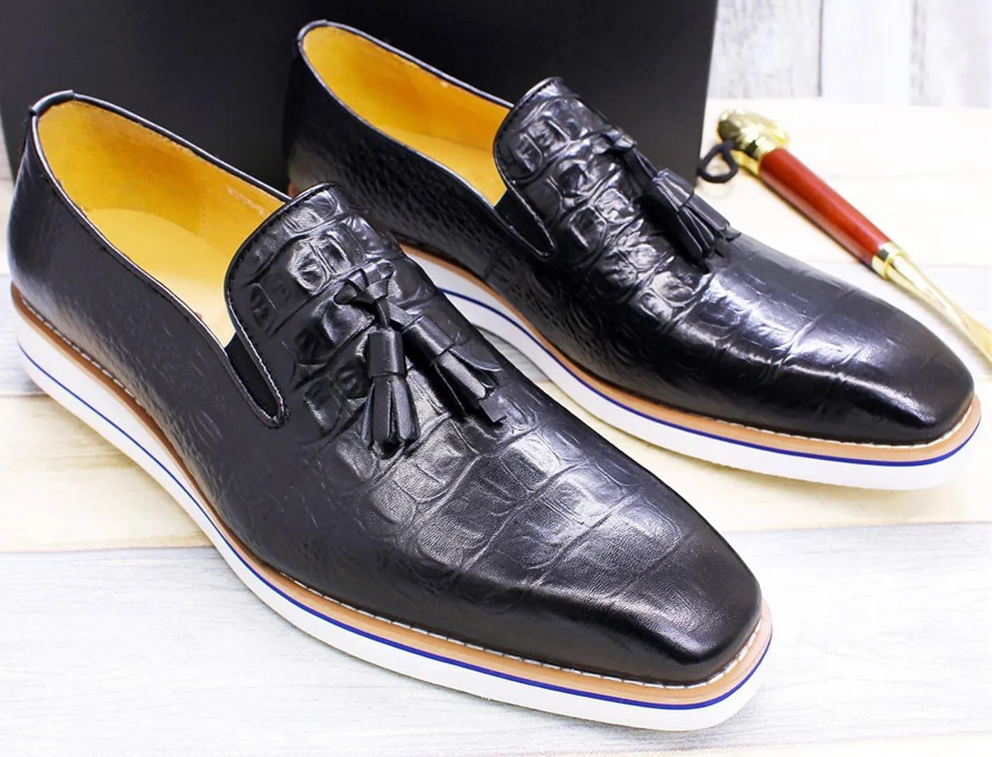 Mens Slip On Tassel Loafers Casual Dress Shoes for Men Genuine Leather Lightweight Flat Suit Shoes Prom Wedding Business Mocasines Fashion Comfortable Tuexdo Shoes for Men