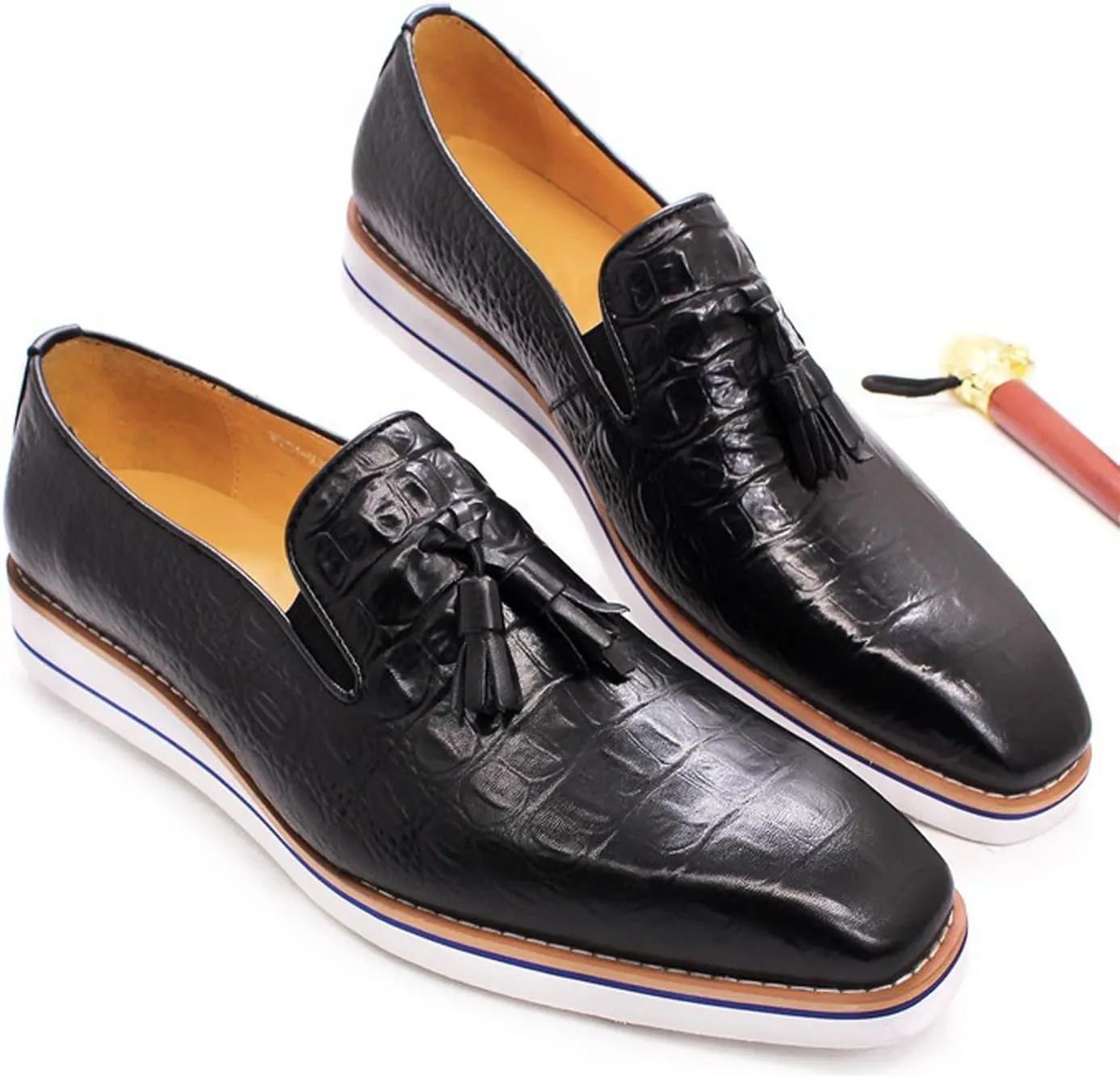 Mens Slip On Tassel Loafers Casual Dress Shoes for Men Genuine Leather Lightweight Flat Suit Shoes Prom Wedding Business Mocasines Fashion Comfortable Tuexdo Shoes for Men