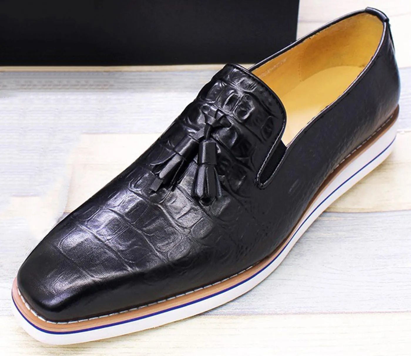 Mens Slip On Tassel Loafers Casual Dress Shoes for Men Genuine Leather Lightweight Flat Suit Shoes Prom Wedding Business Mocasines Fashion Comfortable Tuexdo Shoes for Men