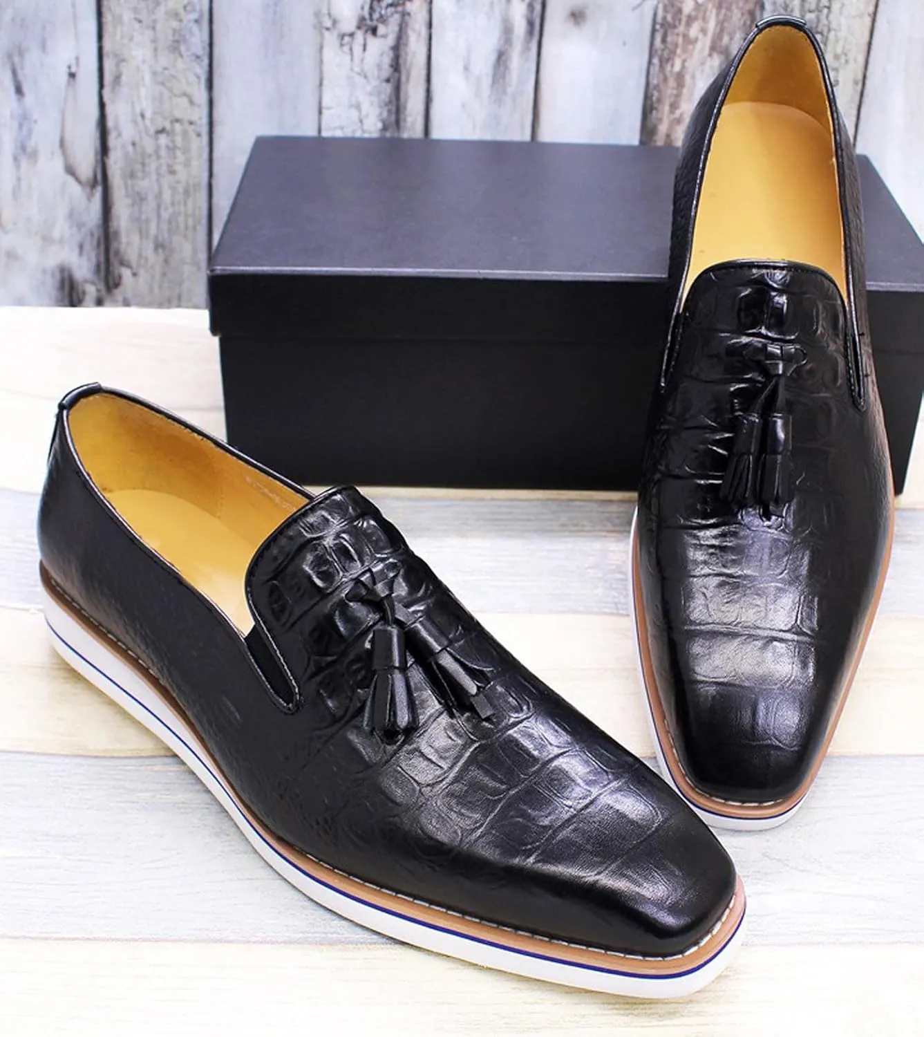 Mens Slip On Tassel Loafers Casual Dress Shoes for Men Genuine Leather Lightweight Flat Suit Shoes Prom Wedding Business Mocasines Fashion Comfortable Tuexdo Shoes for Men