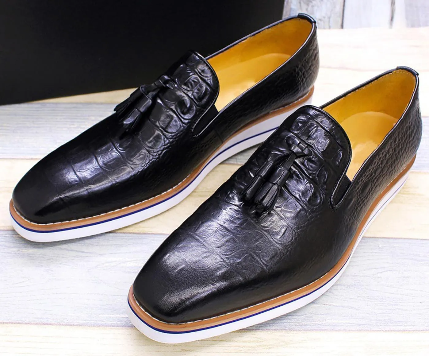 Mens Slip On Tassel Loafers Casual Dress Shoes for Men Genuine Leather Lightweight Flat Suit Shoes Prom Wedding Business Mocasines Fashion Comfortable Tuexdo Shoes for Men