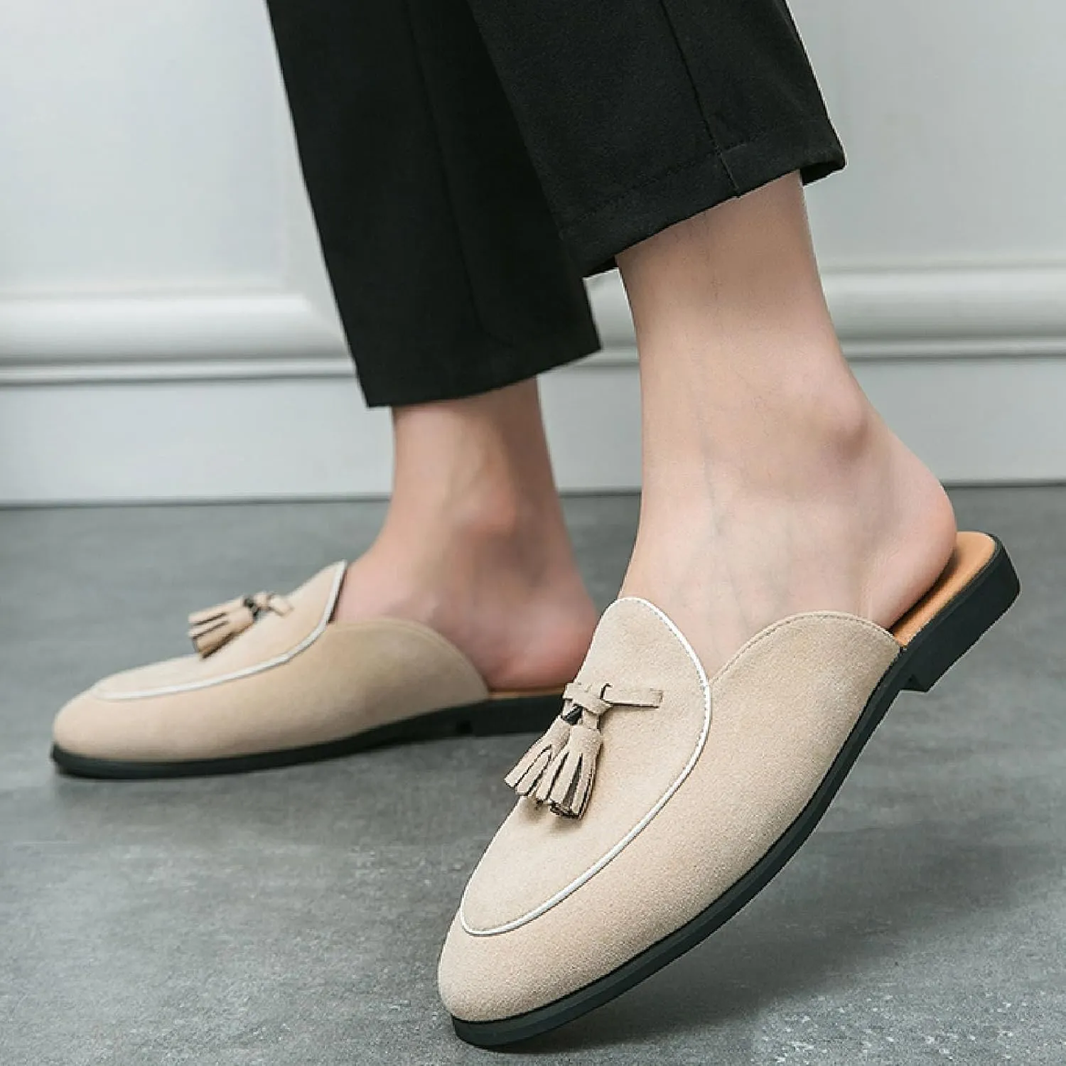 Men's Suede Tassel Flat Penny Loafers Summer Round Toe Lightweight Slip On Anti-Slip Casual Moccasin Mules for Work Party