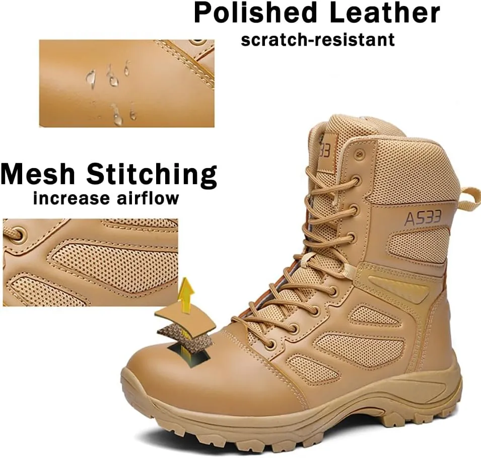 Men's Tactical Ankle Boots: Side Zipper Military Work Boots, Hook & Loop Closure