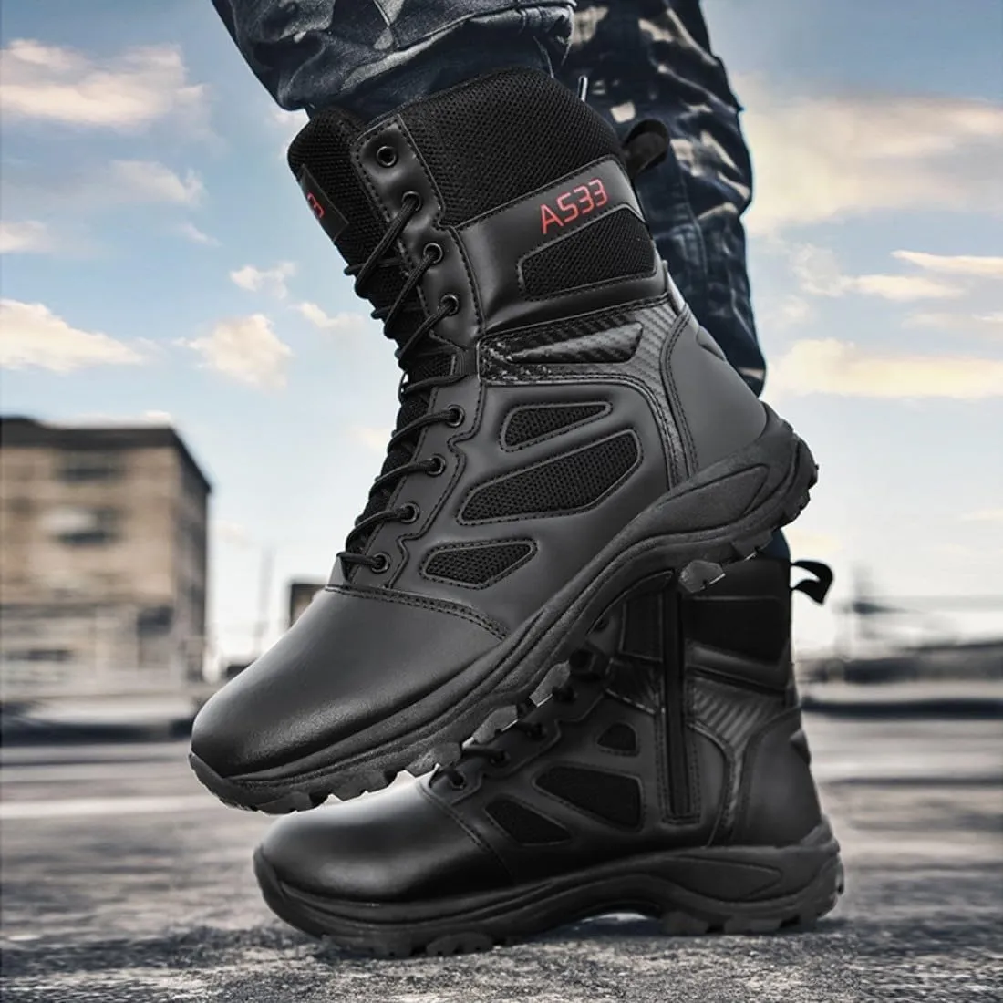 Men's Tactical Ankle Boots: Side Zipper Military Work Boots, Hook & Loop Closure