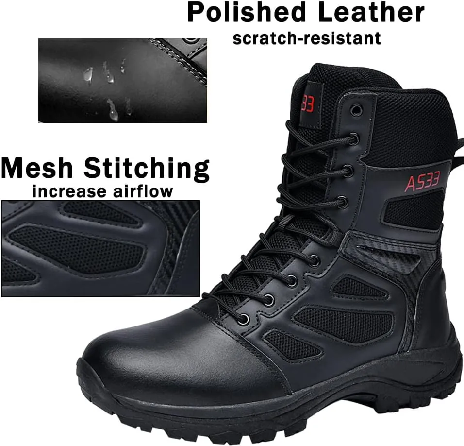 Men's Tactical Ankle Boots: Side Zipper Military Work Boots, Hook & Loop Closure