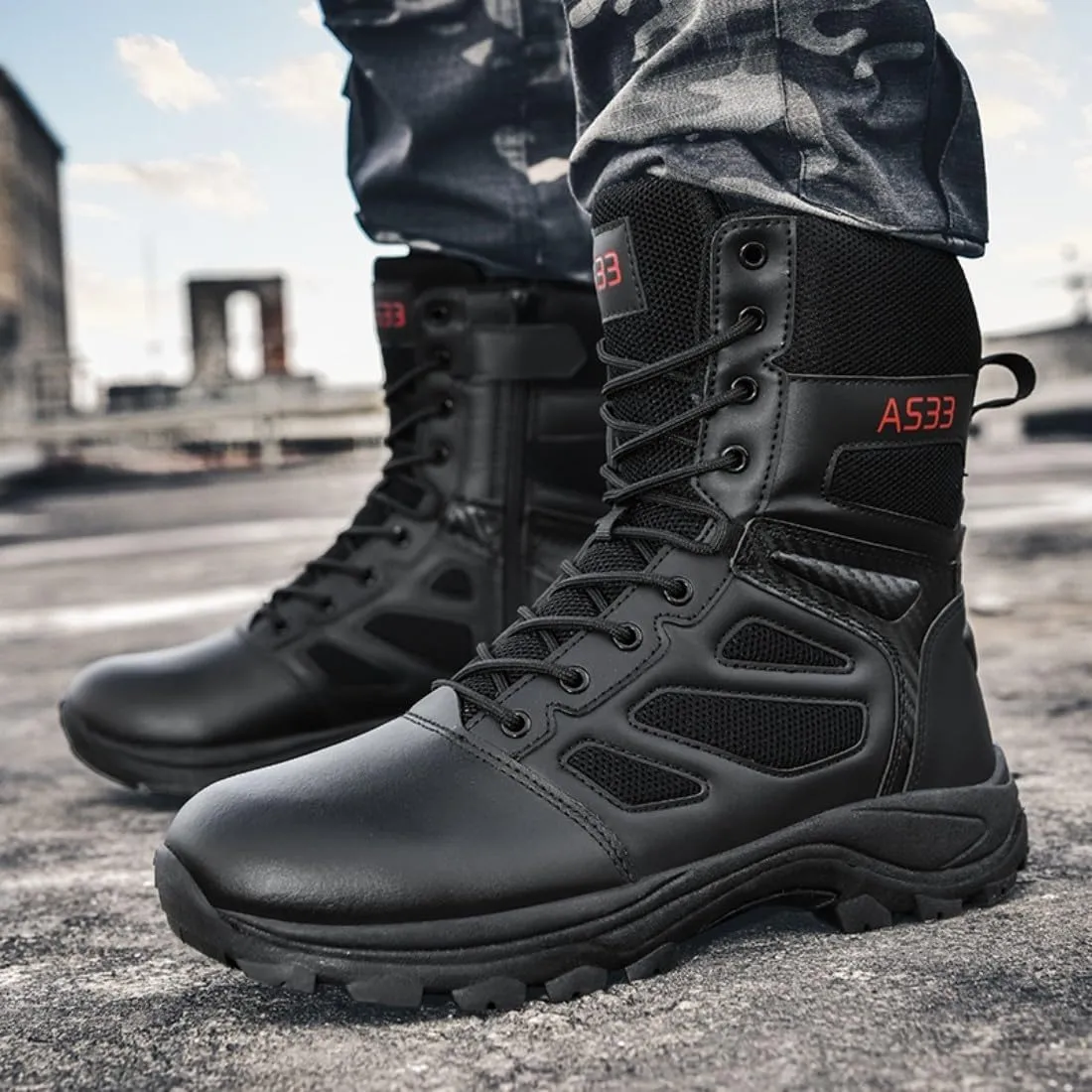 Men's Tactical Ankle Boots: Side Zipper Military Work Boots, Hook & Loop Closure