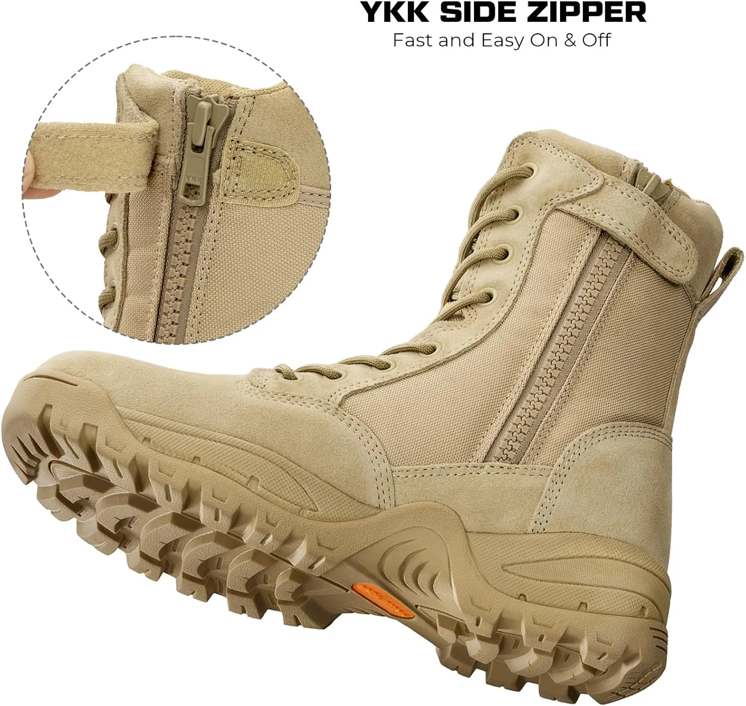 Men's Tactical Work Boots with Side Zipper  Lightweight Leather Military Style, Comfortable, Durable and Breathable for Outdoors