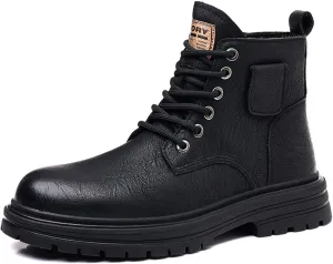 Men's Vintage Leather Lace-up Ankle Boots with Side Zip Fashionable Round Toe Plus Fleece Combat Boots Casual Non-slip Outdoor Hiking Motorcycle Boots