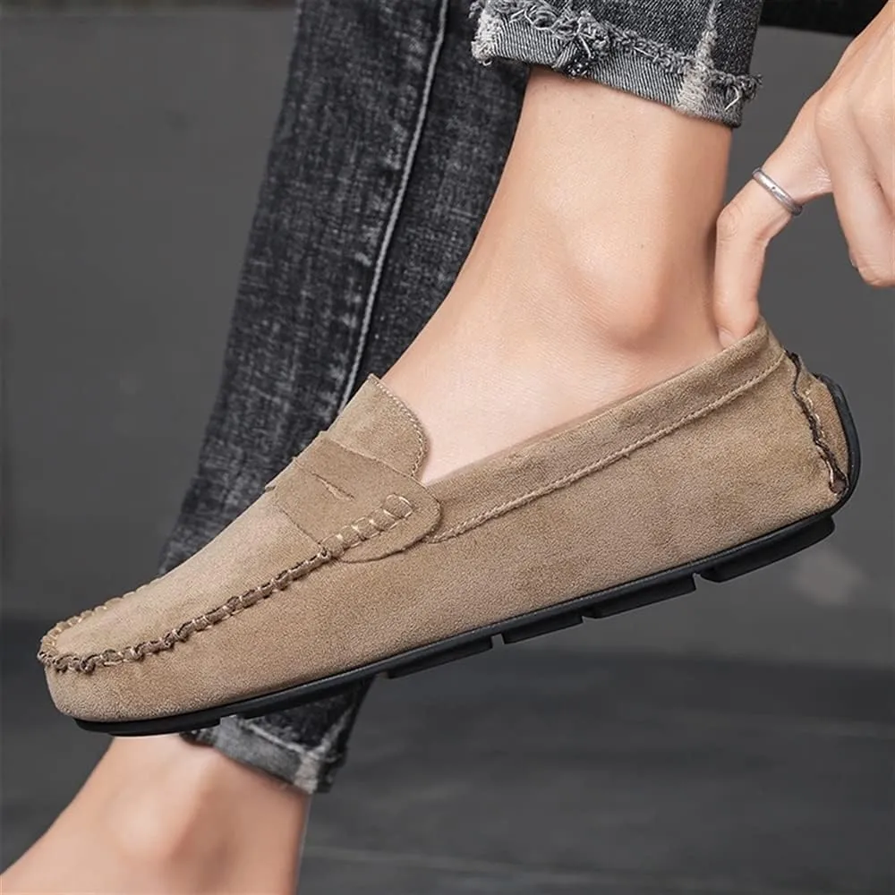 New Mens Loafers Shoe Genuine Leather Round Toe Suede Vamp Penny Loafer Comfortable Lightweight Flexible Prom Wedding Slip-on