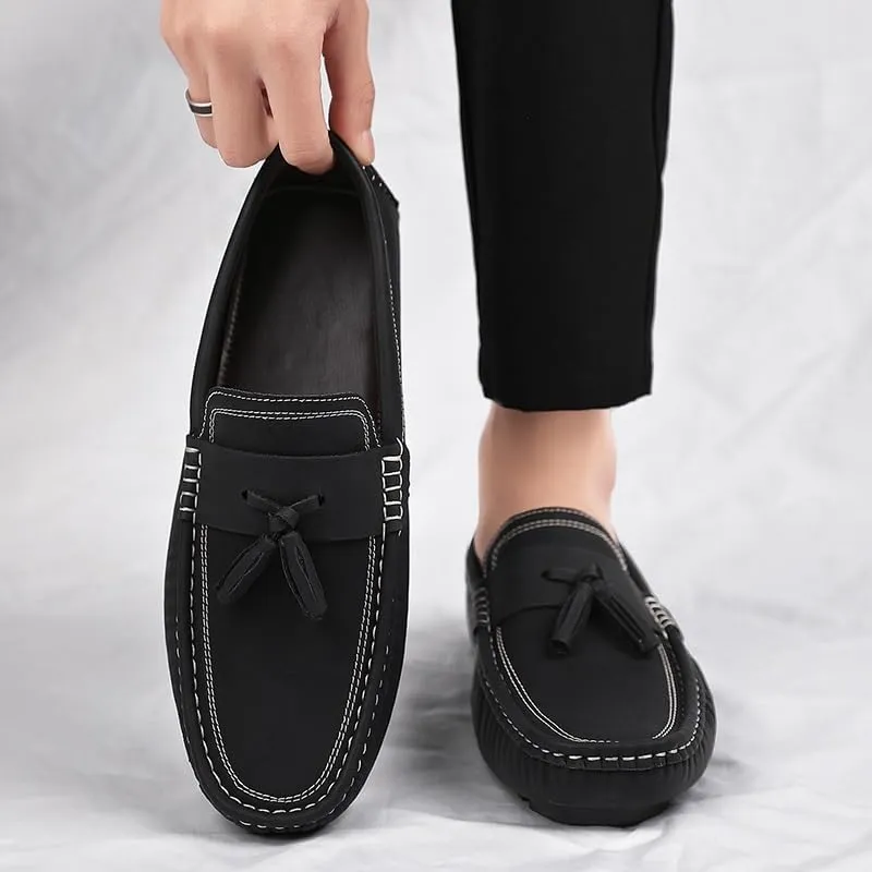 New Mens Loafers Shoe Square Toe PU Leather Driving Penny Loafers with Tassel Comfortable Flat Heel Lightweight Fashion Slip On