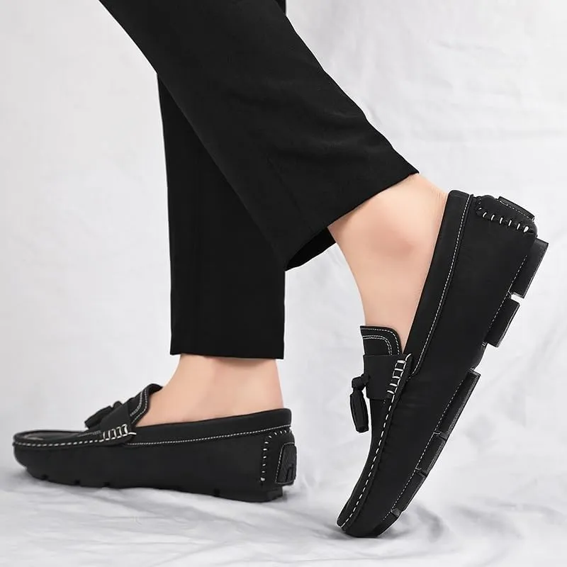 New Mens Loafers Shoe Square Toe PU Leather Driving Penny Loafers with Tassel Comfortable Flat Heel Lightweight Fashion Slip On