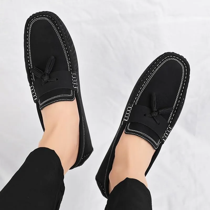 New Mens Loafers Shoe Square Toe PU Leather Driving Penny Loafers with Tassel Comfortable Flat Heel Lightweight Fashion Slip On