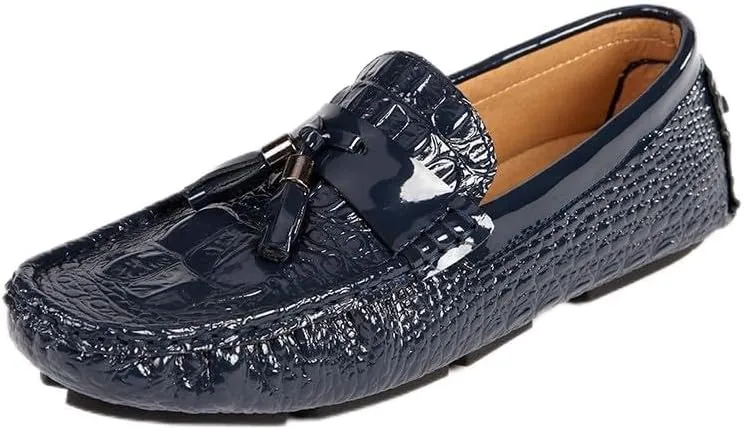 New Mens Loafers Shoe Vegan Leather Crocodile Print Driving Loafers Tassel Flexible Comfortable Anti-Slip Walking Outdoor Slip On