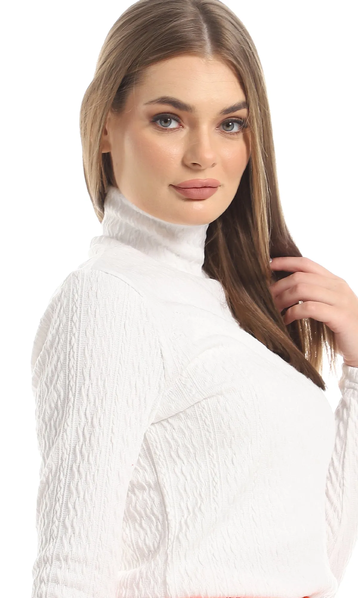 O161201 High Neck Long Sleeved Chic Knitted Top - Off White